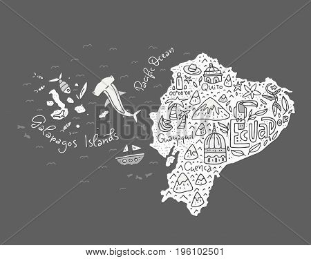 Cartoon map of Ecuador and Galapagos Islands - hand drawn illustration with all main symbols. Vector art.