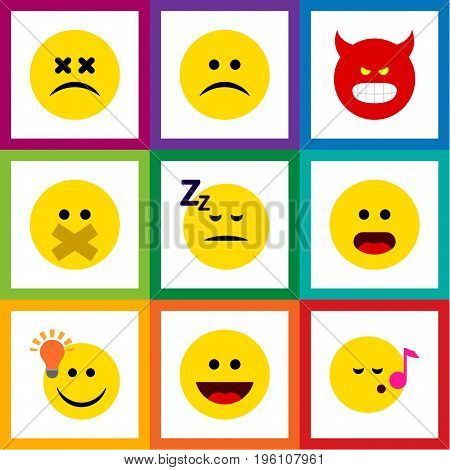 Flat Icon Emoji Set Of Asleep, Sad, Descant And Other Vector Objects