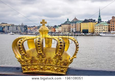 Golden crown on Skeppsholmsbron bridge. Stockholm Sweden Scandinavia