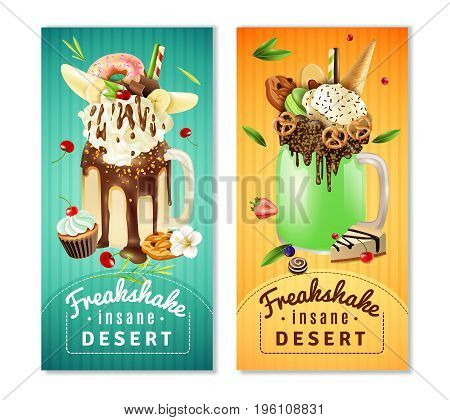 Extreme freakshake dessert 2 vertical cafe advertisement banners with milkshake topped with cream chocolate cake isolated vector illustration