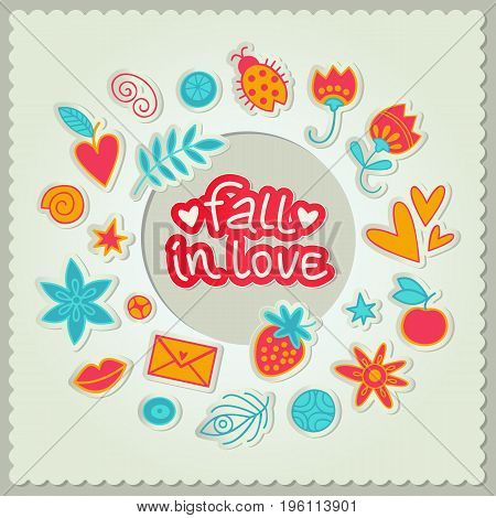 Colorful romantic velentines day gift card with heart flowers and ladybird pattern on white background flat vector illustration
