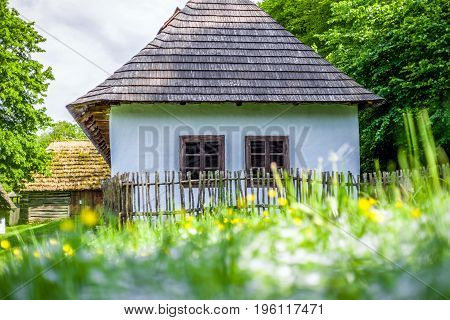 Blue rural house in Saris museum bardejov - Slovakia. Summer 2017