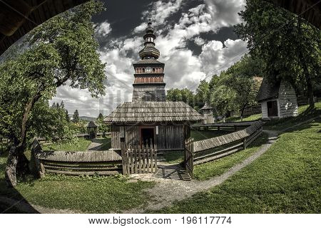 The Greek Catholic wooden church of the Protection of the Most Holy Mother of God from Mikulasova in Saris museum in Bardejov Slovakia