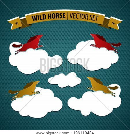 Wild horse colored isolated icon set with multicolored horses on coluds on blue background vector illustration