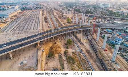 Freight and passenger train waiting at the train station parking lot.Cargo transit.import export and business logistic.Aerial view.Top view.Railway construction