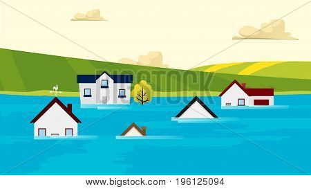 Houses flooding under water Vector. Nature disasters. Global warming