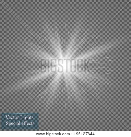 Glow light effect. Starburst with sparkles on transparent background. Vector illustration. Sun