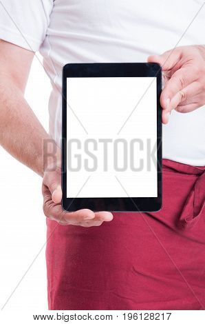 Supermarket Seller Showing Tablet Pc With Blank Display
