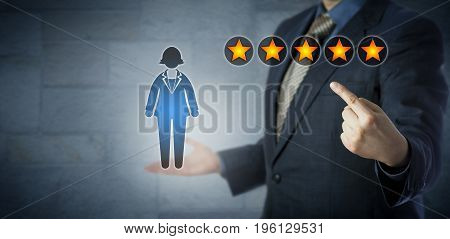 Blue chip manager is pointing at the five star rating of a female white collar worker. Human resource management metaphor for promotion performance appraisal career development and motivation.