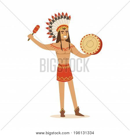 Native american indian in traditional in loincloth playing tambourine vector Illustration isolated on a white background