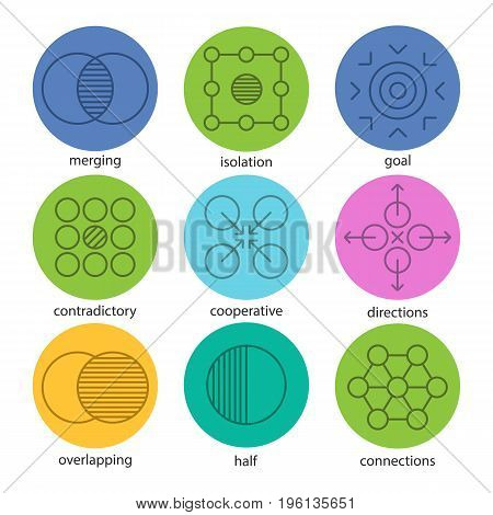 Abstract symbols linear icons set. Merging, isolation, goal, contradictory, cooperative, directions, overlapping, half, connections. Thin line outline symbols on color circles. Vector illustrations