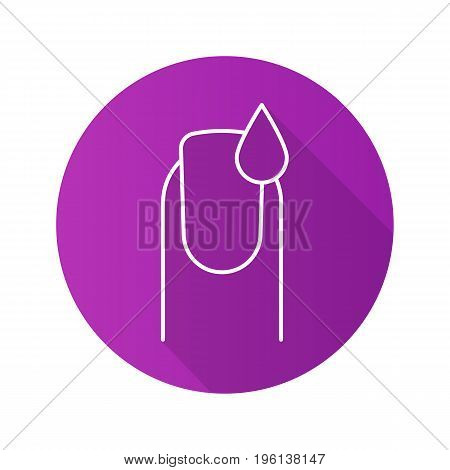 Nail polishing flat linear long shadow icon. Manicure. Woman's nail with polish drop. Vector outline symbol