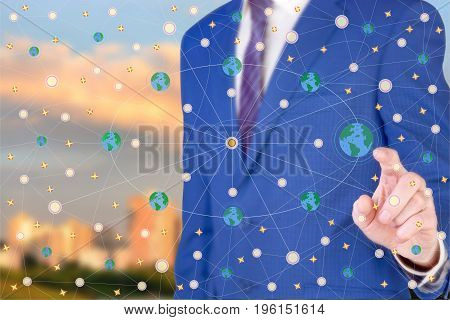 Man shows the scheme of the trajectory of the globe. Astrological calculations