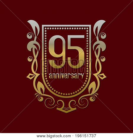 Ninety fifth anniversary vintage logo symbol. Golden emblem with numbers on shield in wreath.