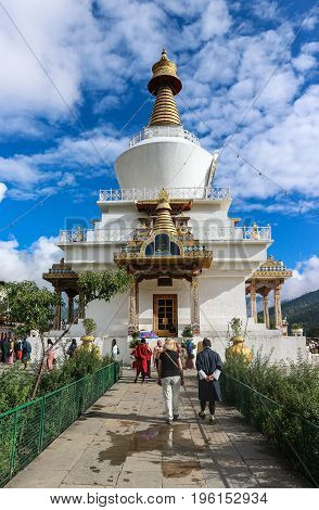 Thimphu Bhutan - September 16 2016: Tourists at the National Memorial Chorten Thimphu Bhutan South Asia