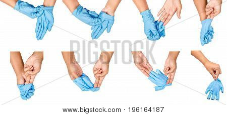 Step of hand throwing away blue disposable gloves medical Isolated on white background. Infection control concept.
