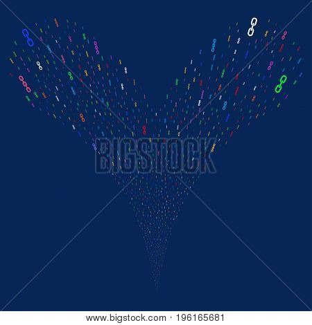 Chains fireworks stream. Vector illustration style is flat bright multicolored iconic chains symbols on a blue background. Object fountain constructed from random pictograms.