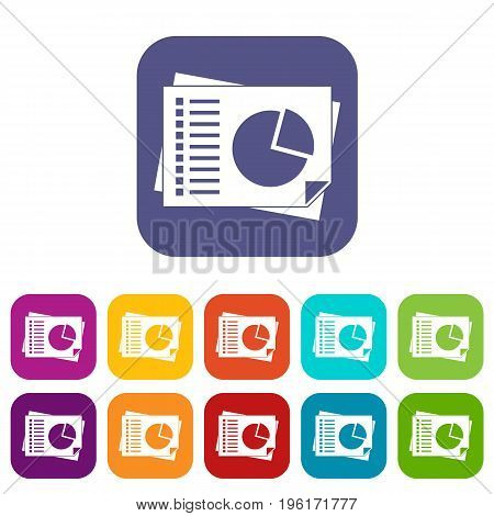 Sheets of paper with charts icons set vector illustration in flat style in colors red, blue, green, and other