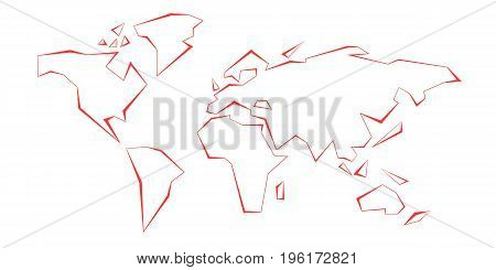 Contour continents. World Map. Red. Vector illustration. White background. Eps10.