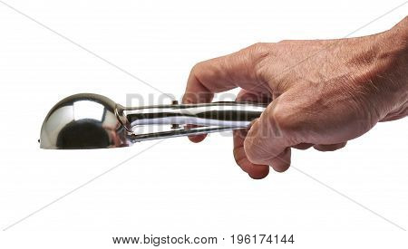 Male Hand Holding A Used Metal Ice Cream Scooper