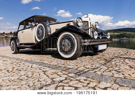 FRYDAVA Czech Republic - 18 July 2017. Bugatti Beauford car on the stone road in willage Frydava South Bohemia. Luxury historical car special edition