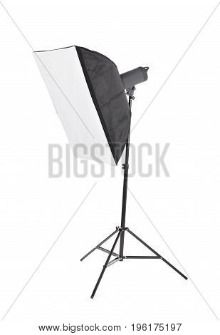 Studio lighting equipment icon, isolated on a white background. A stylish strip softbox for a photo studio. A new saturated black tripod. Studio light on stand.