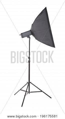 Photographic equipment lighting board theme elements. Side view studio flash isolated on white background. Professional studio equipment. Studio flash with soft-box. A long and black stripsoft box.