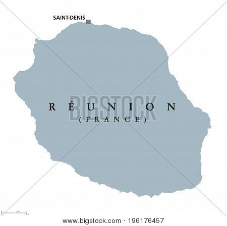 Reunion political map with capital Saint-Denis. Island. Overseas department of France in the Indian Ocean, east of Madagascar. Gray illustration isolated on white background. English labeling. Vector.