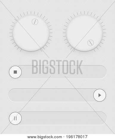 Set of buttons and sliders. Light control by user interface. Sound management. Web Icons. White sliders on and off. Vector illustration