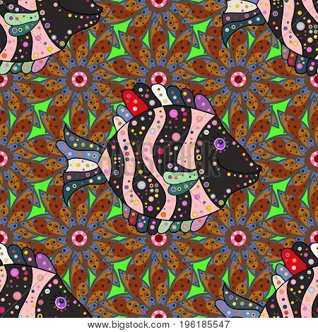 Japanese Landscape with fish. Vector stock illustration. Sea fishes on colored background.