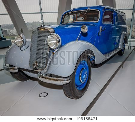 STUTTGART GERMANY- MARCH 19 2016: Panel van Mercedes-Benz 170V (W136) 1952. Mercedes-Benz Museum.