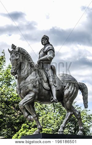 Szczecin Poland July 17 2017: Colleoni on a horse monument in Szczecin Poland summer time.