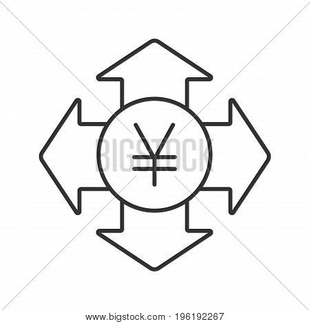 Money spending linear icon. Expanses. Thin line illustration. Japanese yen with all direction arrows contour symbol. Vector isolated outline drawing