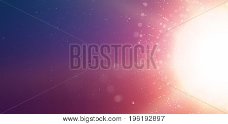 Abstract vector sun glow violet background. Points chaotically flying in space with bokeh. Flying debris with dof. Futuristic technology style. Elegant background for business presentations