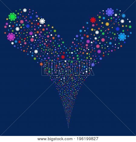 Gear explosive stream. Vector illustration style is flat bright multicolored iconic gear symbols on a blue background. Object fountain constructed from random icons.