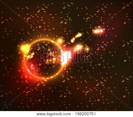 The explosion of the planet in the cosmos, vector art illustration planet on fire.