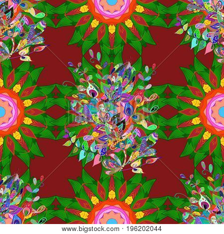 Vector Floral Pattern In Doodle Style With Flowers. Gentle Summer Floral On Colorful Background. Vec