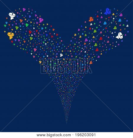 Radio Telescope salute stream. Vector illustration style is flat bright multicolored iconic radio telescope symbols on a blue background. Object fountain constructed from random symbols.