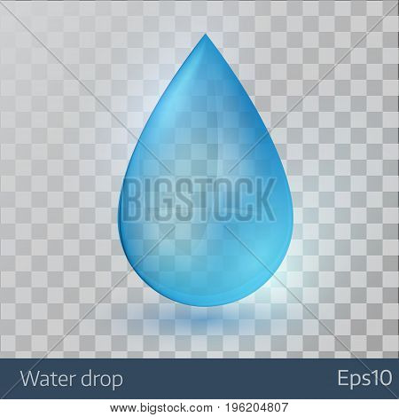 Blue shiny single water drop on transparent background. Vector illustration