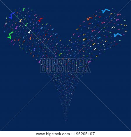 Sqrt source stream. Vector illustration style is flat bright multicolored iconic sqrt symbols on a blue background. Object fountain created from random design elements.