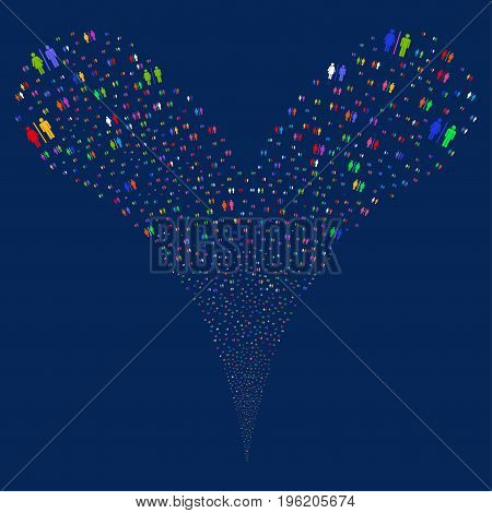 Toilet fireworks stream. Vector illustration style is flat bright multicolored iconic toilet symbols on a blue background. Object fountain organized from random symbols.