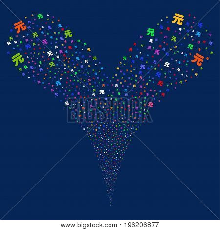Yuan Renminbi source stream. Vector illustration style is flat bright multicolored iconic Yuan Renminbi symbols on a blue background. Object fountain combined from random symbols.