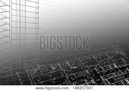 Part of abstract architectural project on the black background
