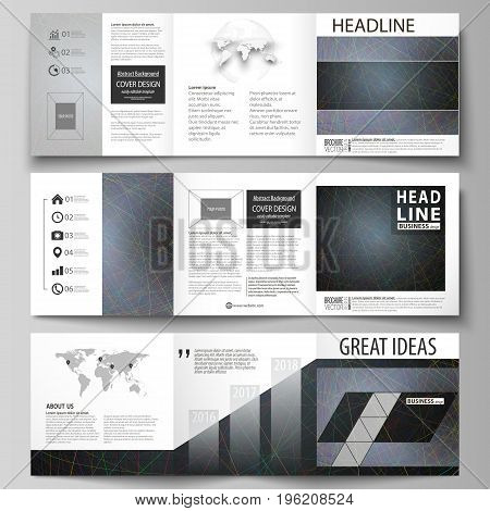 Set of business templates for tri fold square design brochures. Leaflet cover, abstract flat layout, easy editable vector. Colorful dark background with abstract lines. Bright color chaotic, random, messy curves. Colourful vector decoration.