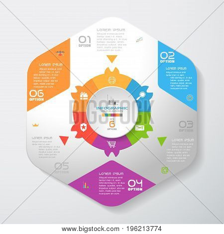 Vector infographic of gradient gray convex hexagonal form with color corners color hexagon ring triangles and concave circle cut from paper with shadows and icons on the gradient gray background.