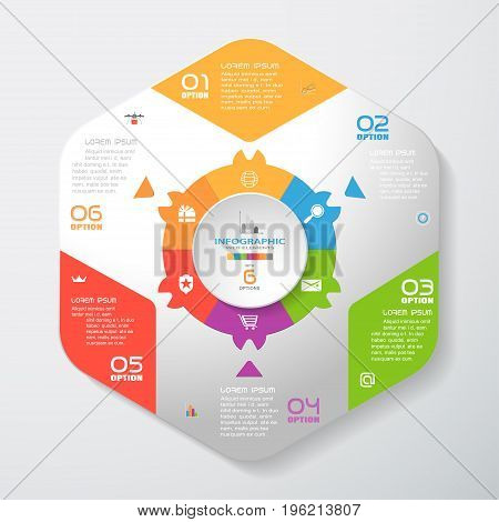 Vector infographic of gradient gray convex hexagonal form with color corners color hexagon ring and concave circle cut from paper with shadows text and icons on the gradient gray background.
