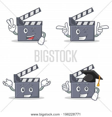 Set of movie clapper character with two finger wink graduation vector illustration