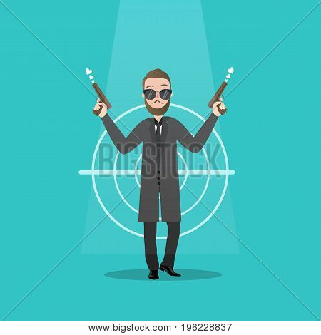 man holding two guns serious gangster criminal mafia wearing suit and glasses vector