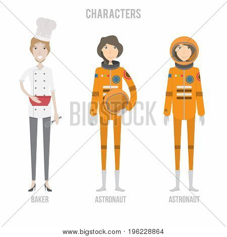 Character Set include baker and astronaut | set of vector character illustration use for human, profession, business, marketing and much more.The set can be used for several purposes like: websites, print templates, presentation templates, and promotional