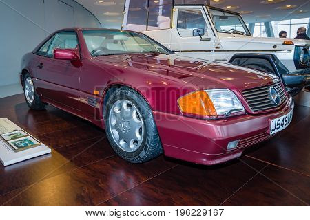 STUTTGART GERMANY- MARCH 19 2016: Sports car Mercedes-Benz 500SL (R129). In 1991 this car was acquired Princess Diana of Wales. Mercedes-Benz Museum.